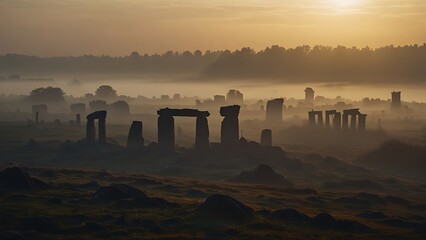 Misty Landscape with Faint Sunlight Filtering Through Trees