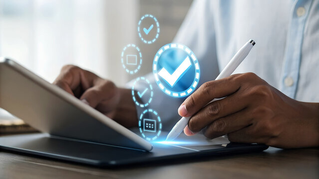 Achieve business success with digital task completion and verified progress using modern technology and a stylus on a tablet device