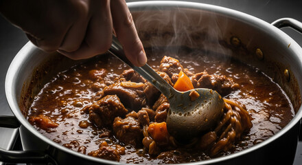 A person's hand stirs a rich, hearty beef and vegetable stew simmering in a stainless steel pot on the stove.