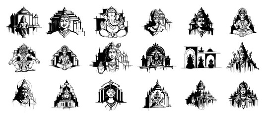 Hindu Temples and Deities Icon Set – Black Vector Line Art Indian Religion Silhouettes and Portraits