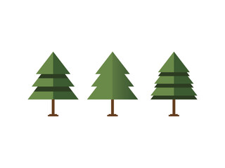 A set of three stylized, evergreen tree icons with triangular green canopies and brown trunks, presented on a white background. The icons have a flat design aesthetic.