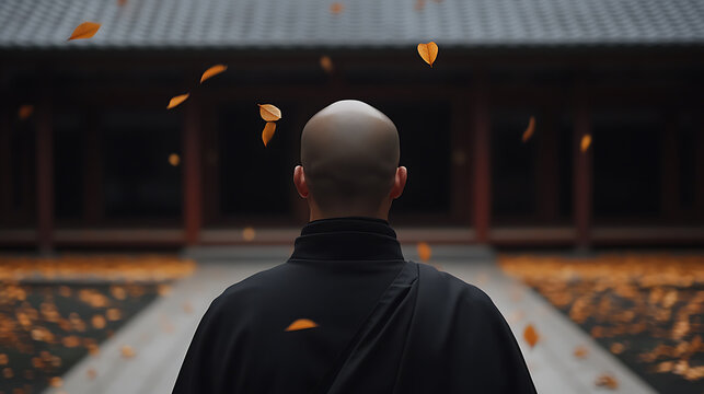 Contemplative monk in a serene temple setting, facing forward, surrounded by falling leaves. A path and temple pillars complete the peaceful scene.