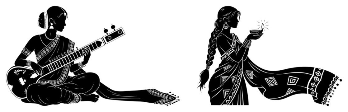 Indian woman in sari silhouette set. Traditional girl playing sitar musical instrument and holding diya lamp for Diwali festival. Vector illustration.