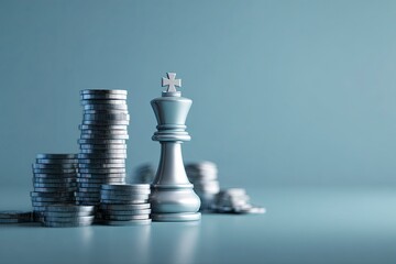 Strategic 3D rendering captures intricate stack of coins and a solitary chess piece on a vibrant blue surface, symbolizing finance, games, and decision making in a modern, abstract composition.