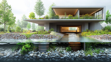 Cutaway view of urban flood showcasing innovative architecture Generative AI