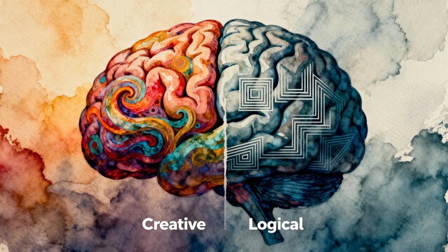 Illustration of a human brain divided into creative and logical hemispheres with colorful and geometric designs