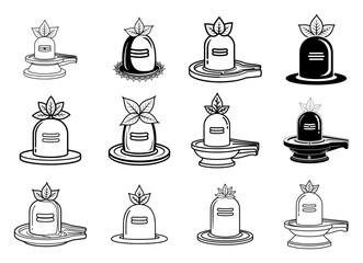 Shiva Lingam vector icon set. Hindu religious symbol for Maha Shivaratri Puja in various line art and silhouette styles.