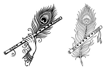 Krishna Flute with Peacock Feather – Hindu Symbol Illustration Vector
