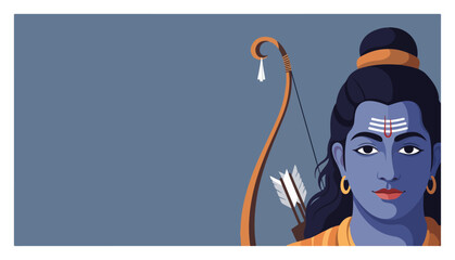 Lord Rama holding a bow and arrow. Hindu God portrait for Ram Navami or Dussehra festival. Modern flat vector illustration with copy space.