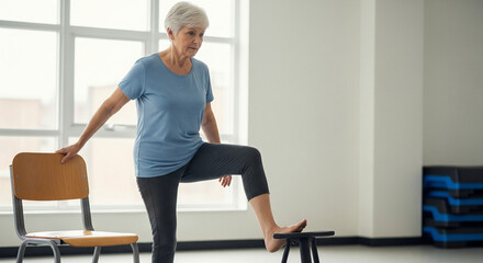 Senior woman in activewear enhancing her stability and leg strength with a step exercise in a bright rehabilitation center