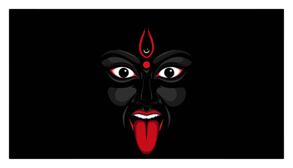 Hindu Goddess Kali face vector illustration. Fierce deity icon for Kali Puja or Navaratri festival on dark background.