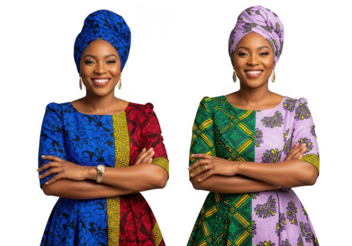 Two African women in colorful african print dresses isolated on transparent background