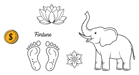 Indian good fortune and wealth symbols vector doodle set. Hand drawn line art with elephant lotus and Lakshmi footprints.