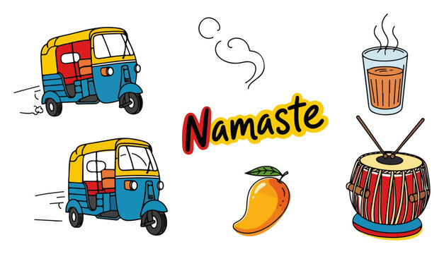 Colorful Indian culture and travel doodle icon set. Hand drawn vector collection with auto rickshaw chai and Namaste.