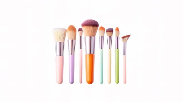 A collection of colorful makeup brushes arranged in a row on a white background.