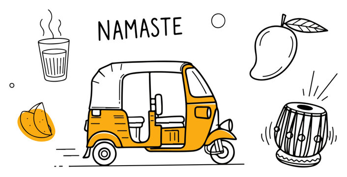 Set of Indian doodle icons. Hand-drawn vector sketch collection with auto rickshaw chai tea samosa mango and tabla. Namaste greeting.
