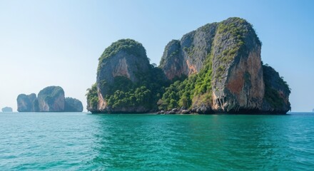 Large green-topped limestone islands rise from serene turquoise sea on a sunny day