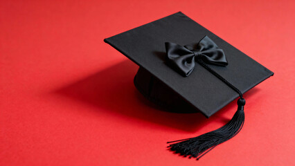 Black graduation cap with tassel and bow on red background
