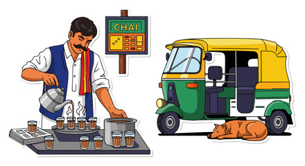 Indian street chai vendor pouring tea with auto rickshaw urban culture vector © Anna