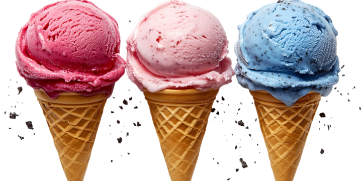 Colorful ice cream scoops in waffle cones