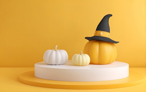 Stunning white podium centerpiece for Halloween events, product launches, or festive displays, creating a captivating focal point with a spooky yet elegant atmosphere for promotional materials.