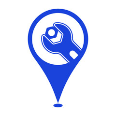 Mechanic shop map location marker for Garage, Service and Maintenance businesses. Wrench and hex nut on a location marker