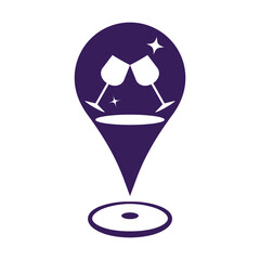 Party clubs map location marker icon for Celebration drinking places at night. Clinking glasses on a location marker