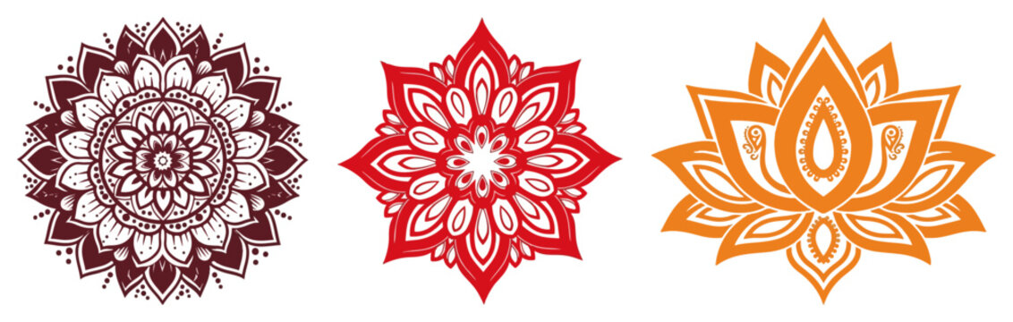 Ornate mandala and lotus flower vector set. Collection of Indian spiritual symbols for yoga meditation and ethnic design.