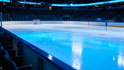 Empty ice hockey rink illuminated with blue lighting in an indoor arena