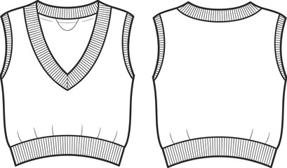 Stylish sleeveless v neck knit vest front and back flat sketch fashion apparel design template, CAD drawing flat vector illustration