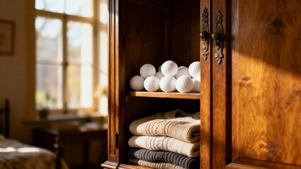 Wooden cabinet with neatly folded towels and golf balls on shelves in a sunlit room