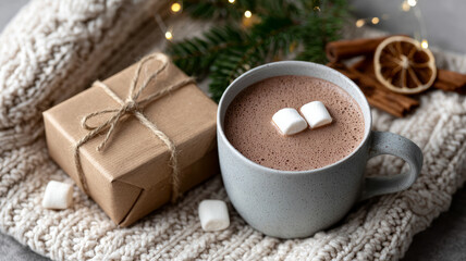 Cozy winter scene with hot chocolate, gift, and blanket.