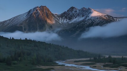 Majestic snow-capped mountains bathed in golden morning light, with mist swirling over a serene forest and winding river below.