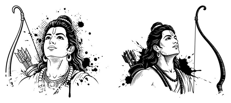 Lord Rama Archer Portraits with Bow Ink Splash Vector