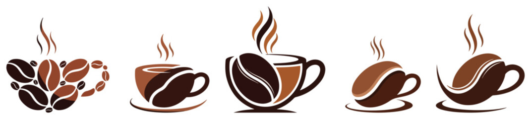 Collection of coffee cup logo templates. Vector icon set with coffee beans and steam for a cafe coffee shop or brand identity.