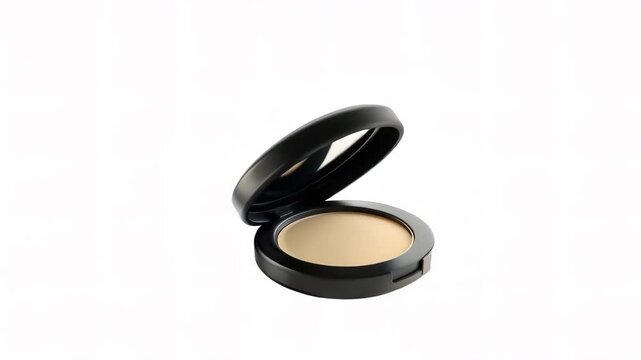 A closed compact powder case on a white background, showcasing its sleek black design.