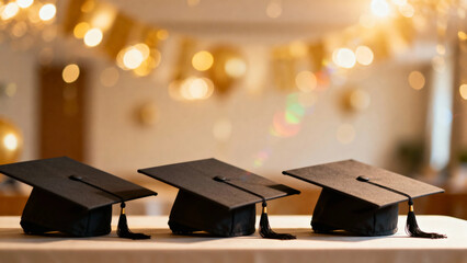 Three black graduation caps with tassels placed on a table in front of golden bokeh lights