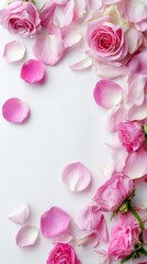 Pink Roses and Petals Arranged Beautifully on a Plain Surface for a Fresh and Romantic Look