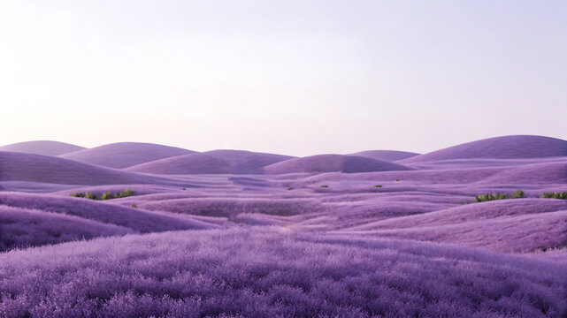 Rolling hills covered in vibrant purple lavender flowers under a soft, hazy sky at dawn or dusk, creating a serene and picturesque landscape - Powered by Adobe