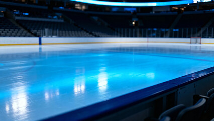 Fototapeta premium Empty ice rink in an indoor arena with blue lighting and reflective surface