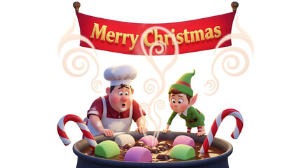 A cartoon chef and an elf prepare a festive Christmas hot chocolate with marshmallows and candy canes under a "Merry Christmas" banner.