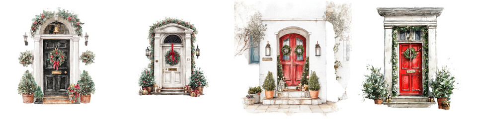 Fototapeta premium A collection of four decorative doors adorned with festive wreaths and plants, showcasing unique designs and colors.