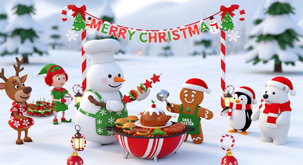 Festive Christmas scene featuring cartoon characters, including a snowman, reindeer, and gingerbread man, preparing a holiday feast.