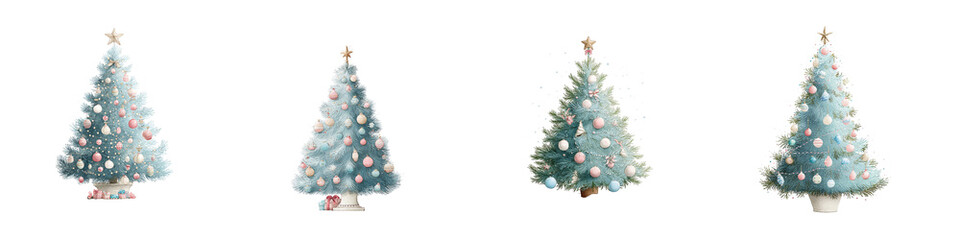 Four decorated Christmas trees adorned with ornaments and stars, showcasing a festive winter theme.