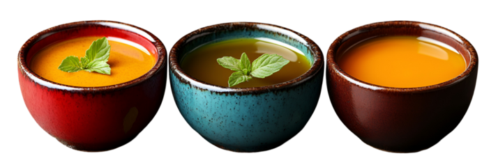 Colorful soup bowls with creamy dish