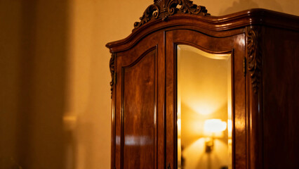 Antique wooden armoire with mirrored door reflecting warm indoor lighting