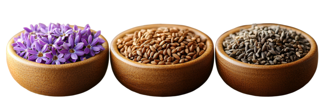 Colorful spices in small bowls against transparent background