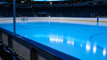 Obraz premium Empty ice rink in an indoor arena with blue lighting and reflective surface