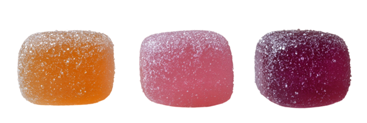 Colorful square candies displayed in gradient colors