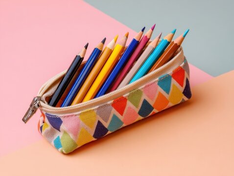Open Geometric Pencil Case Filled with Colored Pencils on Colorful Surface: Back to School Still Life
